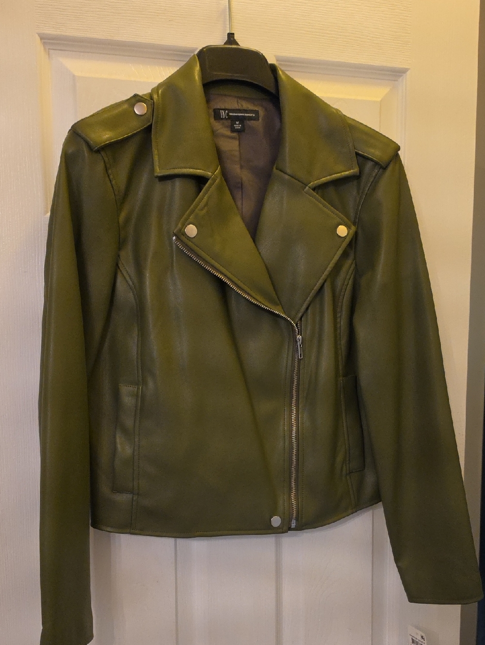 INC International Concepts Olive Green Faux Leather Moto Jacket